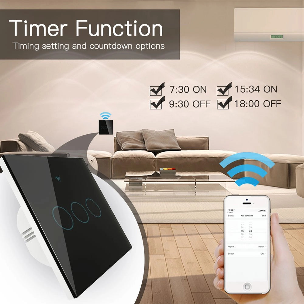 Interruttore Da Parete Touch 3 Tasti, WIFI 2.4G+BLE+RF 433MHz, Bluetooth BLE Mesh TUYA, Smart Life, 10A, AC 90-250V, 50/60HZ, 86X86X30mm Per Scatola 502, IP20, Nero, SH9443B