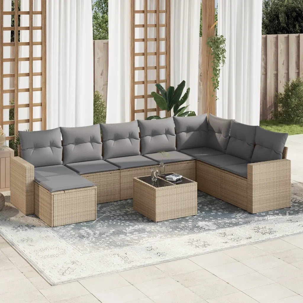 Set Divano da Giardino 9 pz con Cuscini Beige in Polyrattan 3251706