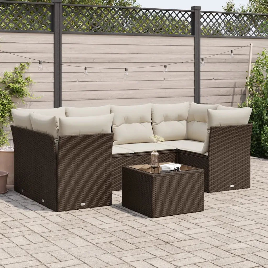 Set Divani da Giardino 7 pz con Cuscini Marrone in Polyrattan