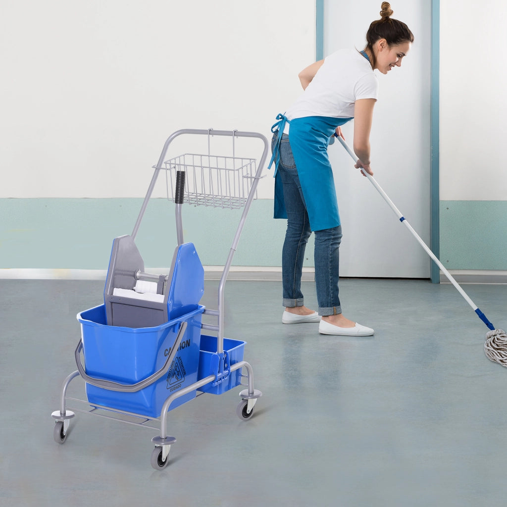 Carrello pulizie professionale con secchio da 25 L, strizzatore e 4 ruote, blu