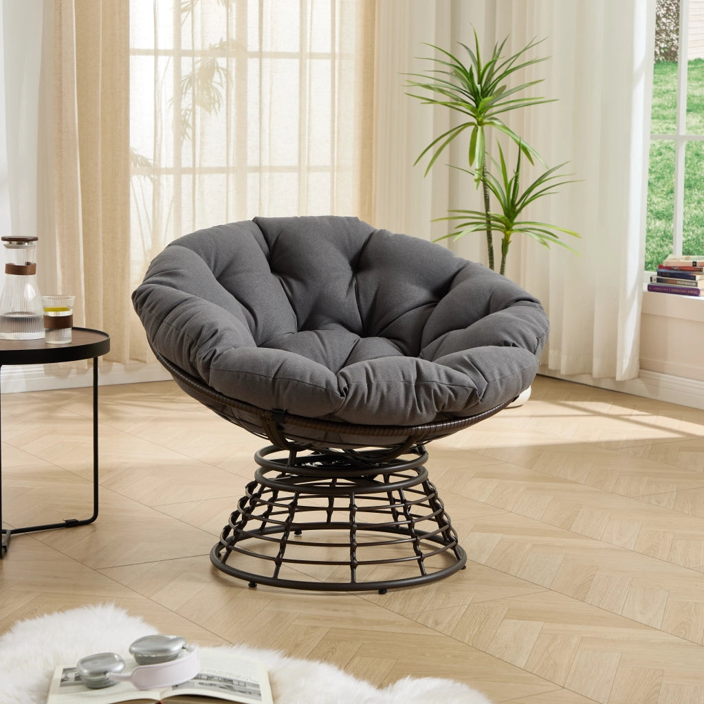 Chaise ergonomique ergonomique Papasan Papasan chaise int¨¦rieure pivotante ¨¤ 360¡ã en rotin ext¨¦rieur avec coussin ¨¦pais et souple id¨¦ale pour le salon la chambre la salle de lecture cadre marron avec coussin gris