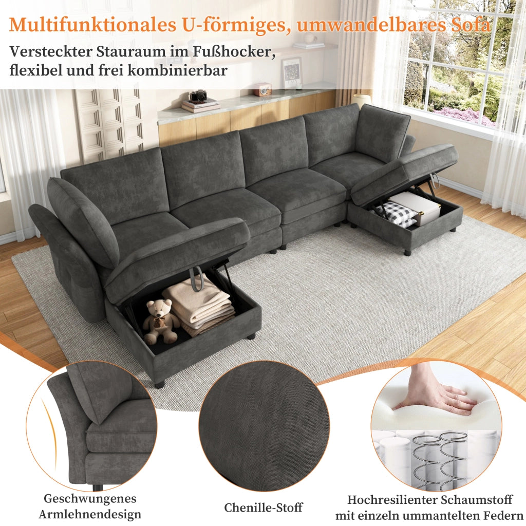 Divano angolare modulare a U 6-7 posti con contenitore e 2 pouf, in ciniglia grigio