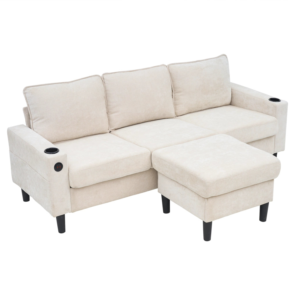 Divano angolare 3 posti beige con pouf modulare, 2 portabicchieri, USB e Type-C, 202x137x80 cm