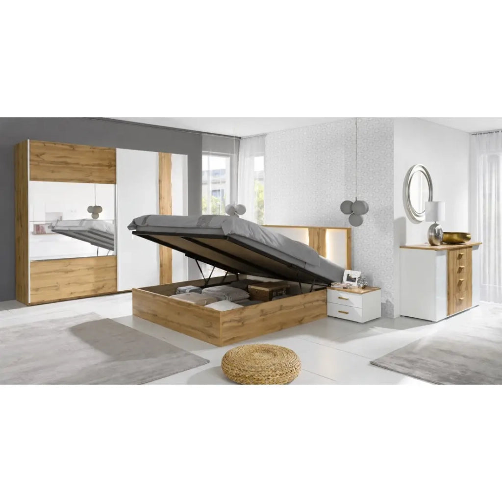 Camera WOOD colori rovere e bianco con letto contenitore LED, cassettiera, comodini e armadio