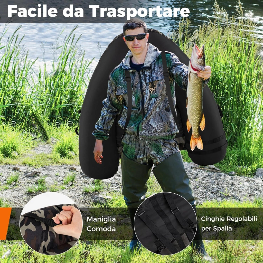 Galleggiante da Pesca Gonfiabile, Barca da Pesca Portatile con Spallacci, Pompa Manuale, Remi, Pinne, Supporto per Canna da Pesca, Righello per Pesci e Spazi di Stoccaggio, Portata 150 kg