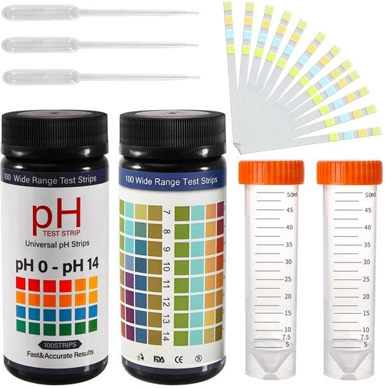 Set di test di pH 100 strisce - misura il pH del terreno - strumento di misura per giardini - kit di test di acidezza - intervallo di misura 0-14 - 2 tubi di reazione da 50 ml - Kit di test del terreno