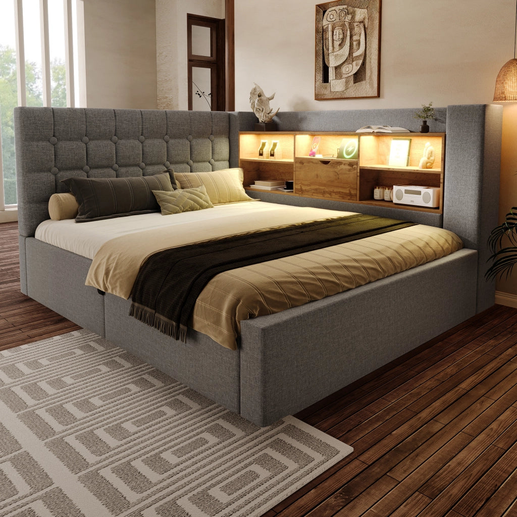 DESMIU Lit 140 × 190 cm 2 posti con LED, USB e Type-C, vano contenitore idraulico, senza materasso, in lino, grigio