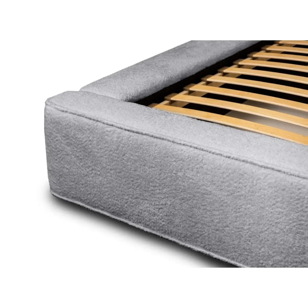 Letto contenitore VELORA – Grigio perla bouclé – 160x200 cm – Tessuto velluto morbido – Rete sollevabile – Spazio di stoccaggio integrato