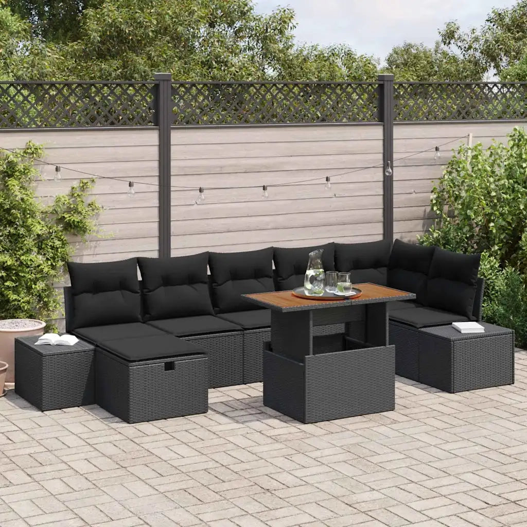 Set Divano da Giardino con cuscino 8 pcs Nero polyrattan