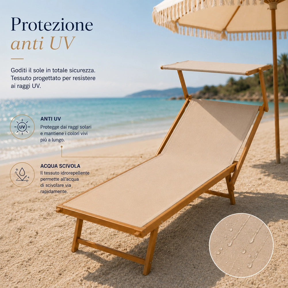Lettino Prendisole con Struttura Alluminio Effetto Legno e Tessuto Beige
