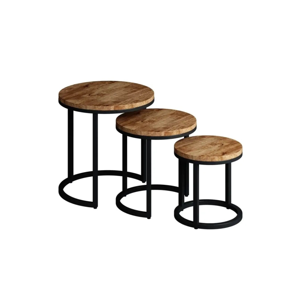 Tavolino basso PLATO – Set di 3 tavolini nidificati rotondi effetto legno di mangolia