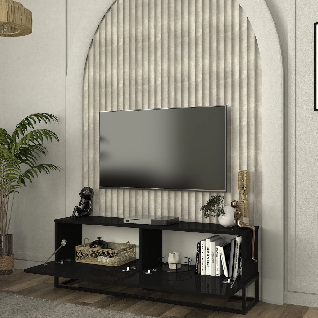 Mobile Porta TV Nolven a 2 Ante Ribalta e Telaio Lungo in Metallo 135x32x47 cm - Nero [en.casa]