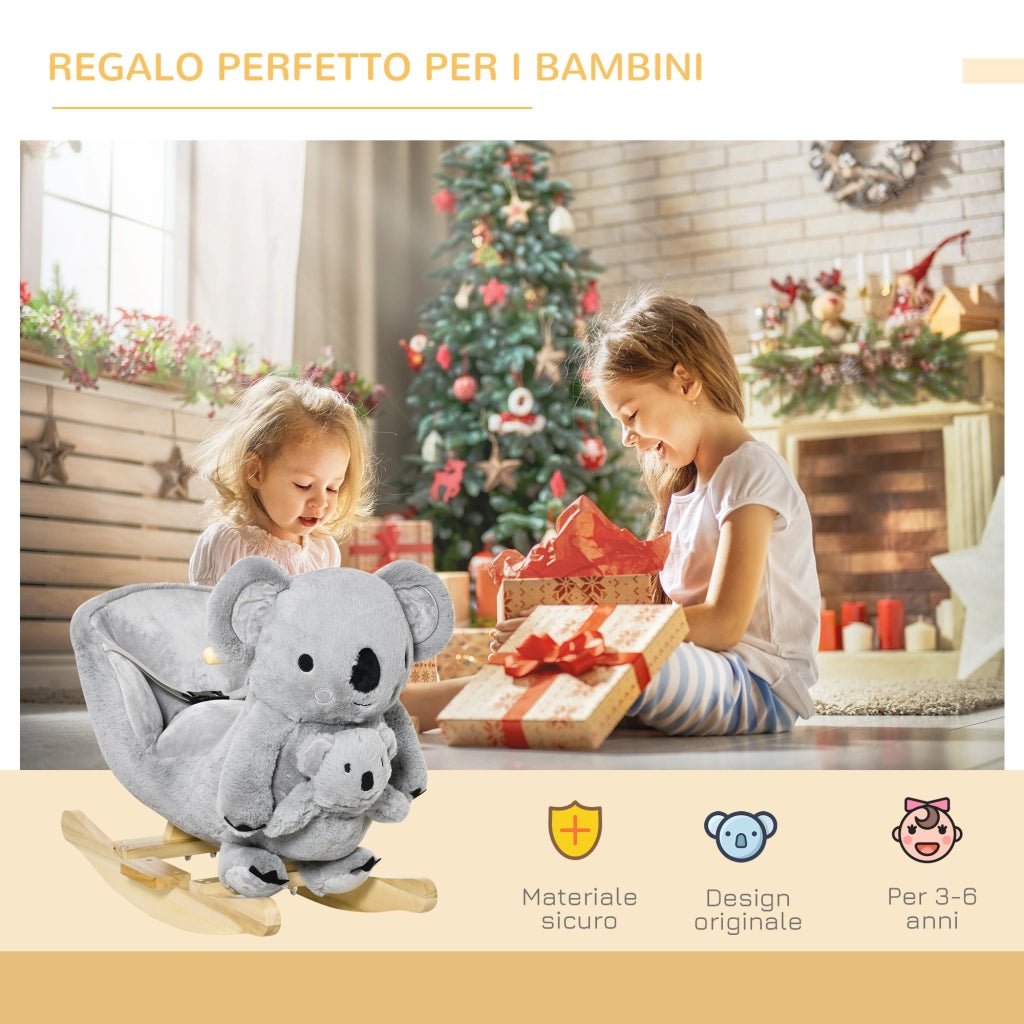 EasyComfort Cavallo a Dondolo Koala in Peluche Imbottita con Suoni, Cintura di sicurezza e Base in Legno, 60x33x50cm, Grigio