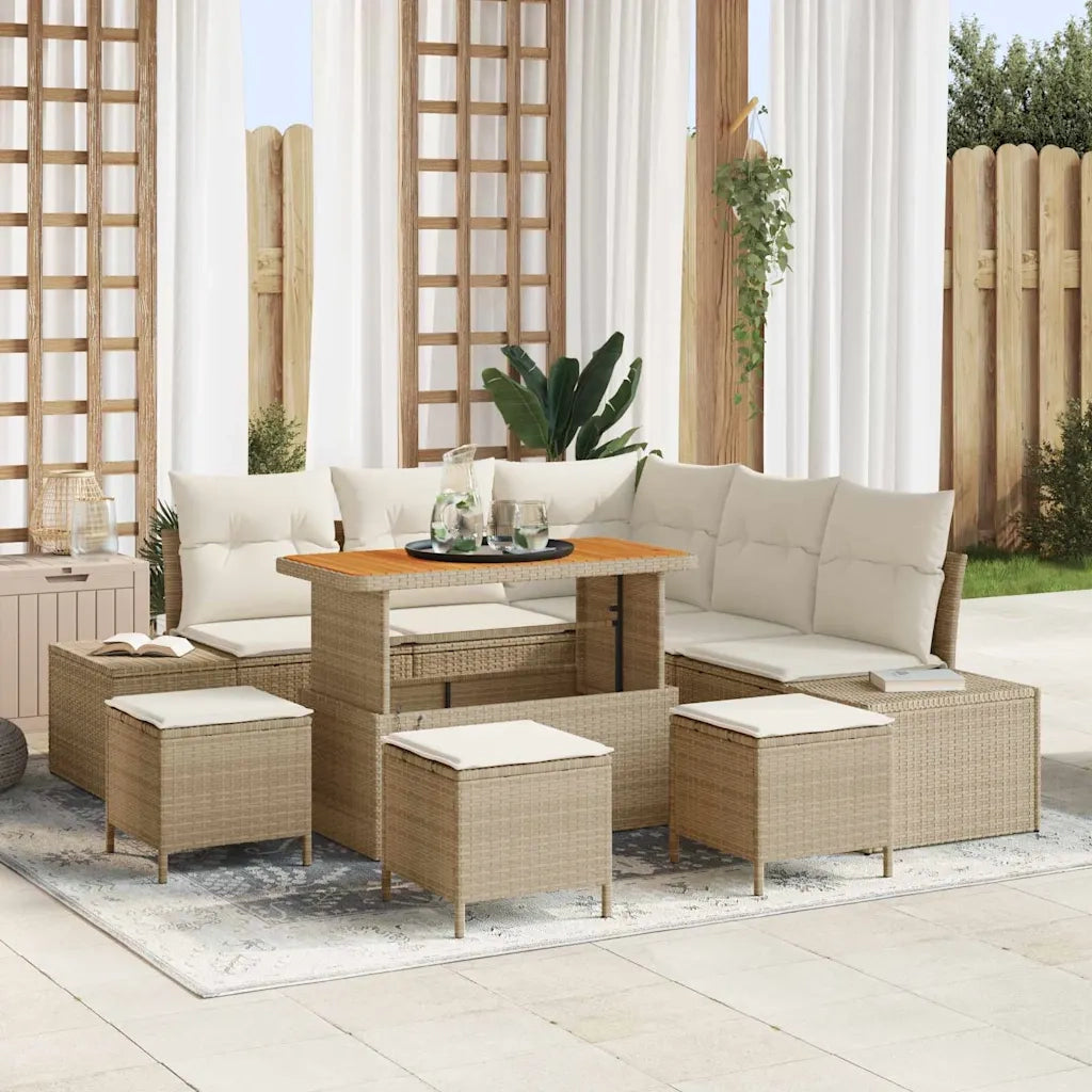 Set Divano da Giardino con cuscino 9 pcs Beige polyrattan