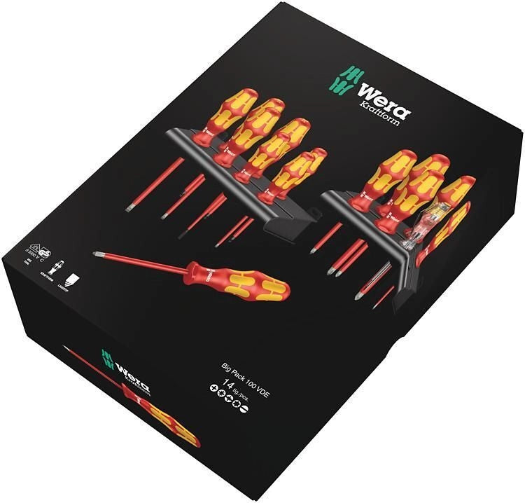 Wera 05105631001 Kraftform Big Pack 100 VDE Set cacciaviti isolati 14 pezzi con impugnatura ergonomica Kraftform Plus e punta Lasertip colore Nero