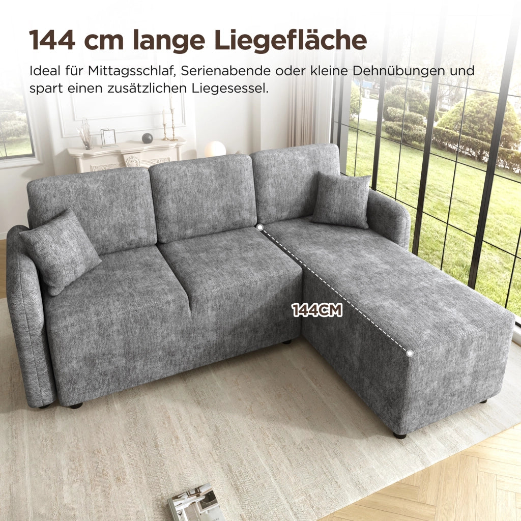 DIVANO ANGOLARE 3 POSTI L-FORMA Chenille Grigio con 2 cuscini