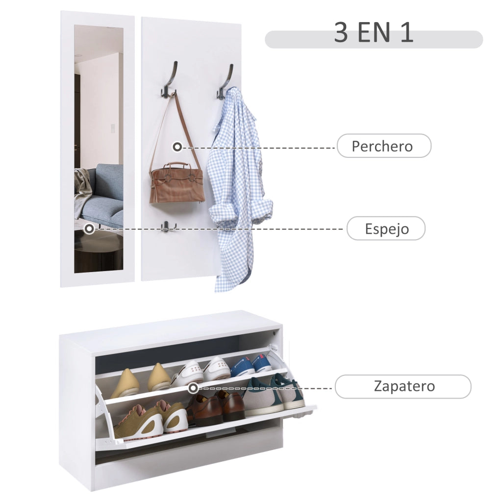 Set Ingresso 3 Pezzi Scarpiera Specchio Appendiabiti ¨C Minimal ¨C Bianco 80x27x46,5cm