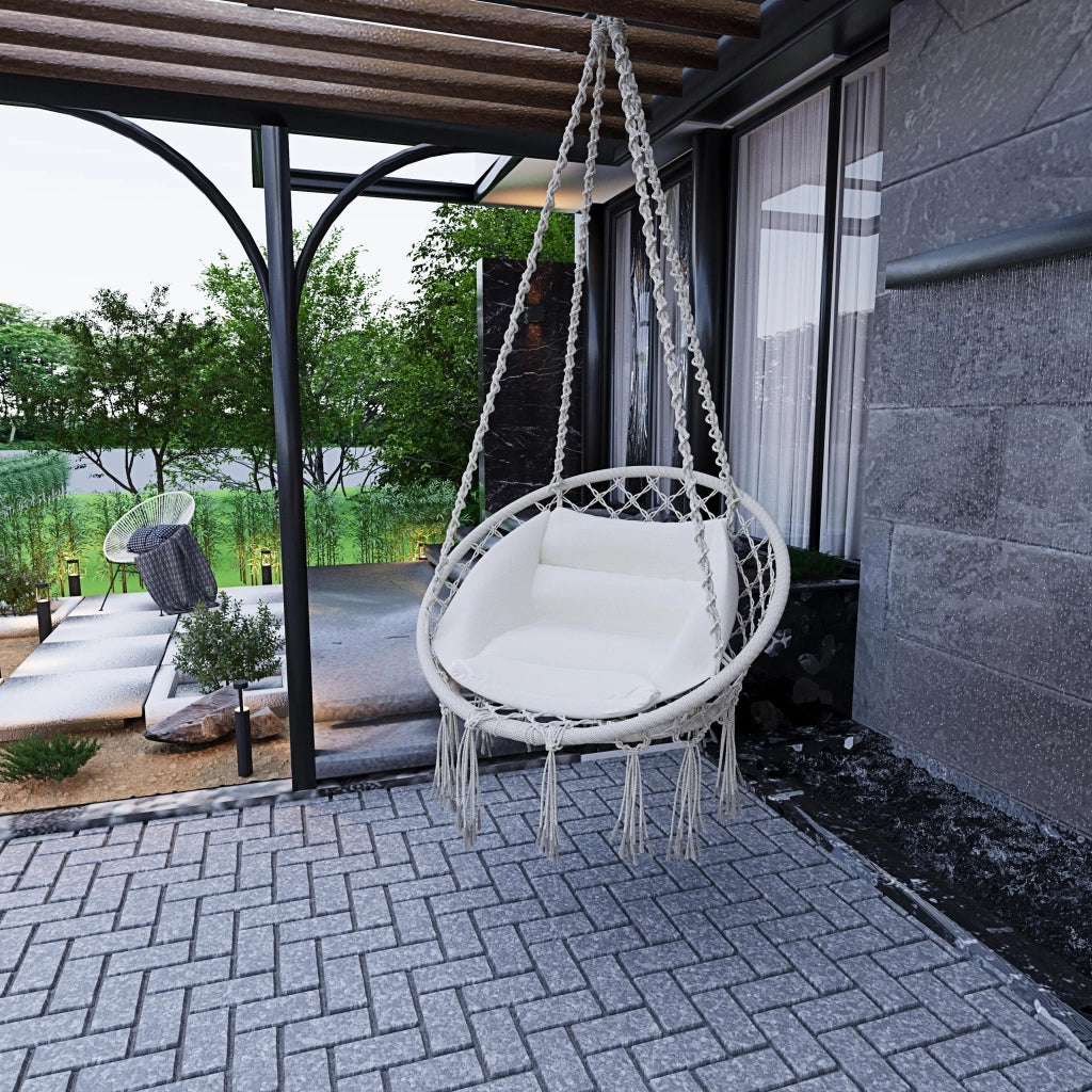 Poltrona Sospesa Pensile Da Giardino Con Corda In Cotone Effetto Macramè E Struttura In Acciaio Cuscino Sedia Dondolo Amaca Con Seduta Imbottita Esterno Terrazzo Design Moderno Fino A 160 Kg Beige