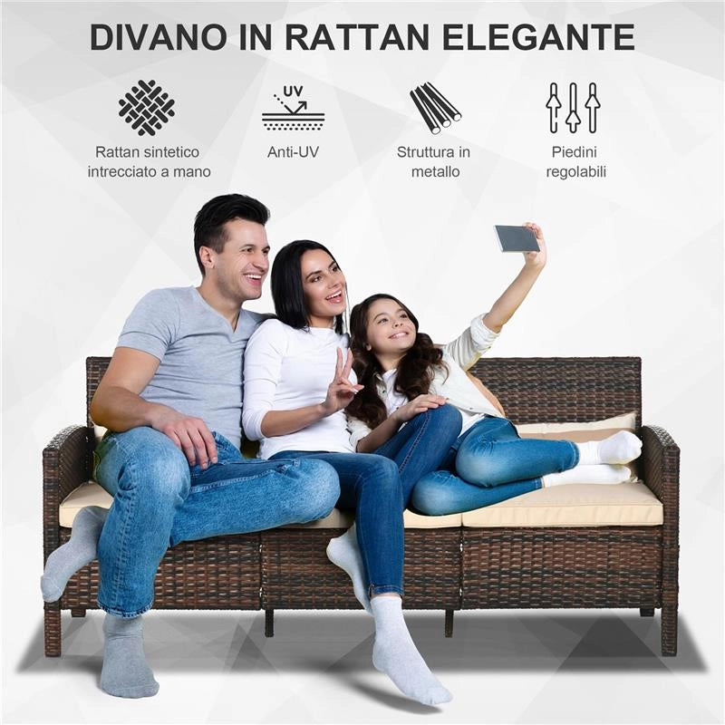 DIVANO 3 POSTI DA ESTERNO IN RATTAN PE CON CUSCINI IMBOTTITI E SFODERABILI, 173X68X78 CM, MARRONE