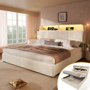 Letto imbottito idraulico 140x200cm con illuminazione LED; USB C e velluto in beige