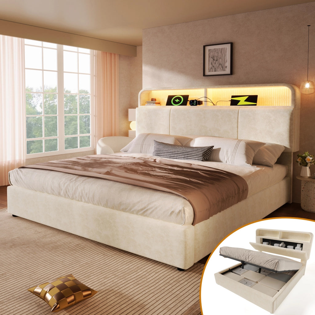 Letto imbottito idraulico 140x200cm con illuminazione LED; USB C e velluto in beige
