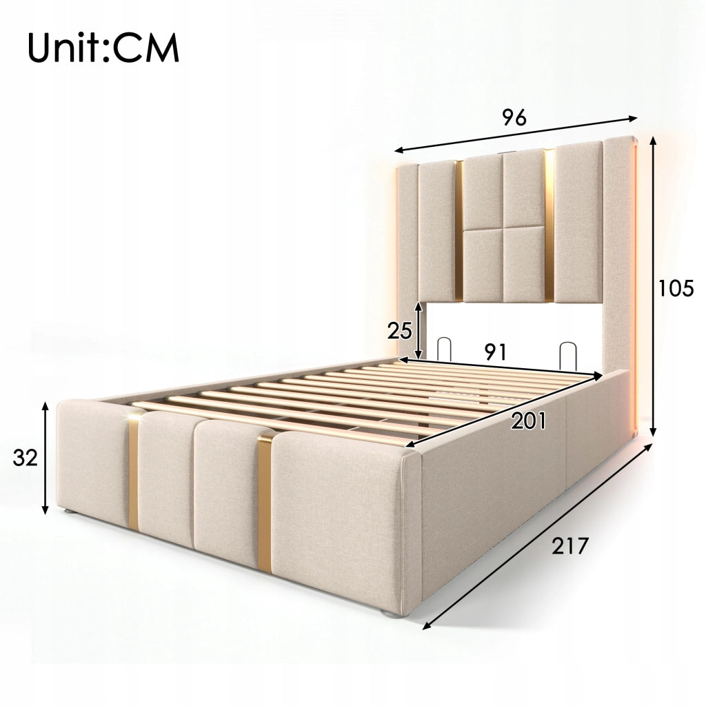 Letto imbottito 90x200 - Xylo - Beige, USB-C e LED