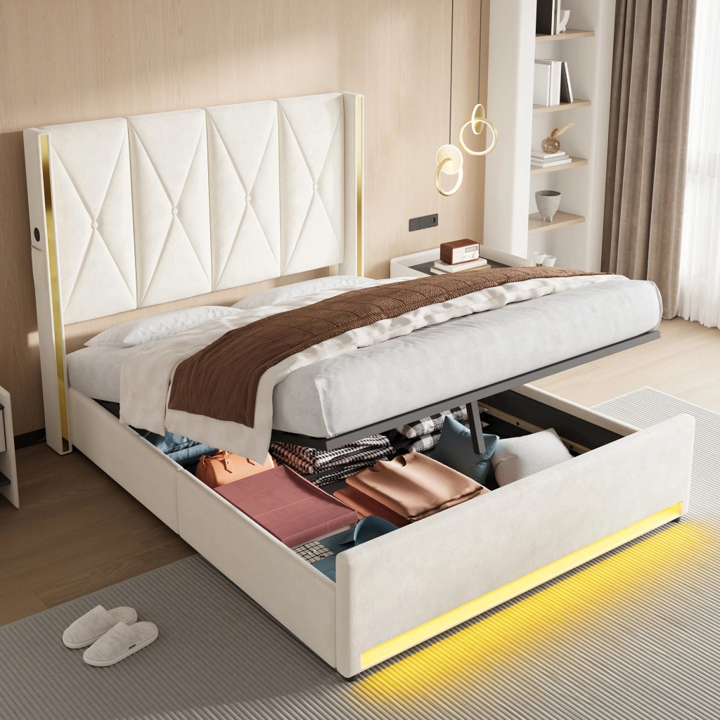 Letto Contenitore Imbottito con LED, USB e Sistema Idraulico ¨C MINIMAL ¨C Velluto, 160x200