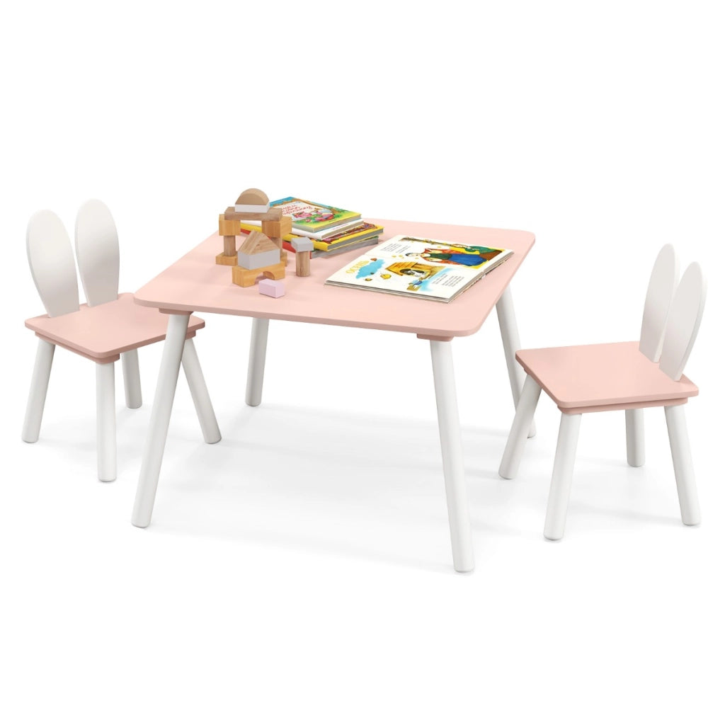 Set tavolo sedie per bambini 3 pezzi per arte, Tavolo e 2 sedie a coniglio gambe in legno massiccio Rosa-Tavoli e sedie