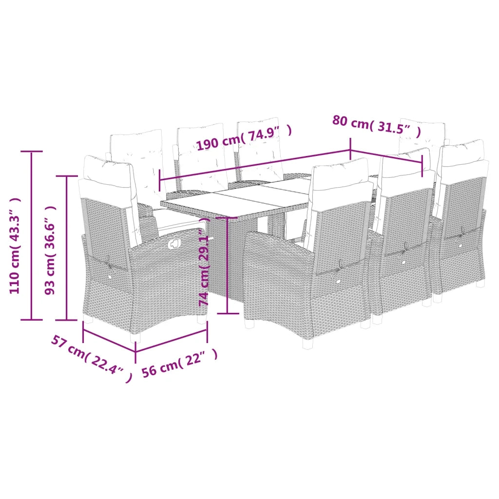 Set da Pranzo da Giardino 9 pz con Cuscini Beige in Polyrattan 3212927
