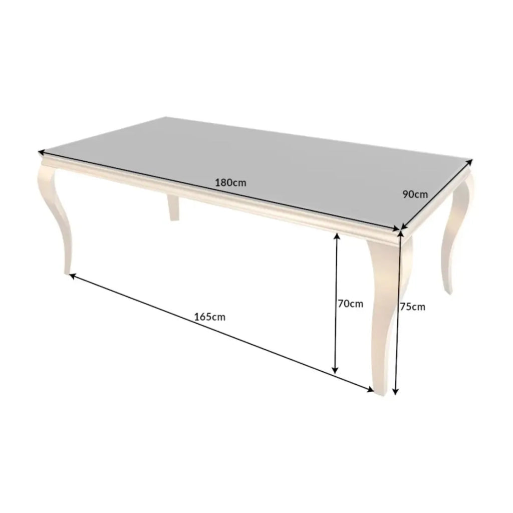 Tavolo da pranzo VELENA 180 cm – Piano in vetro nero e struttura in acciaio dorato – Eleganza barocca e design moderno