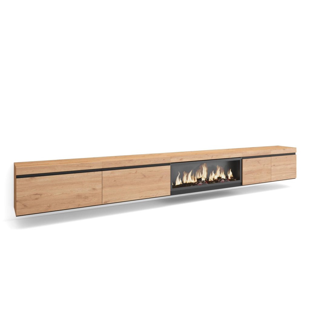 Mobile TV Soggiorno, 368x35x45, Camino elettrico XXL, da appendere, colore Rovere RF3691