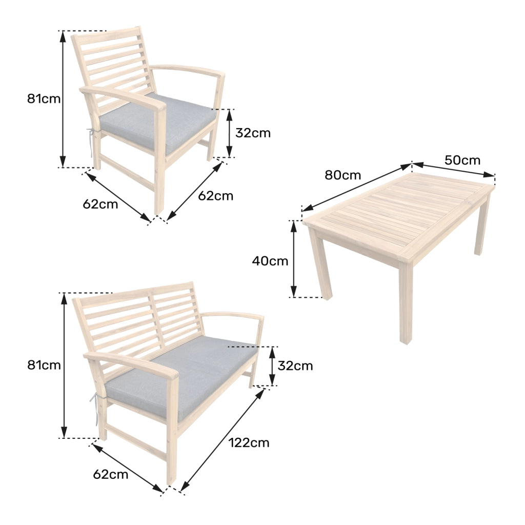 Set di mobili da giardino Acacia Goa 4 posti - cuscini grigi