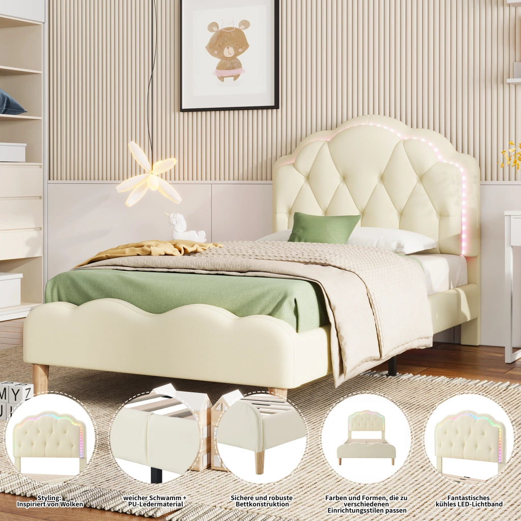 LETTO Polsterato 90x200 cm PU Beige con testiera ondulata e LED