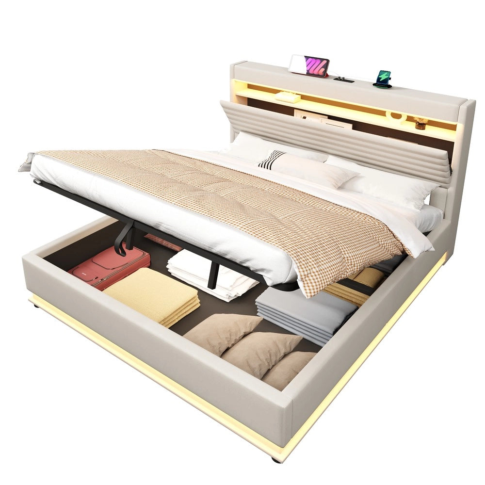 Letto Imbottito Contenitore con LED e USB ¨C MINIMAL ¨C Matrimoniale 180x200, Tessuto Beige