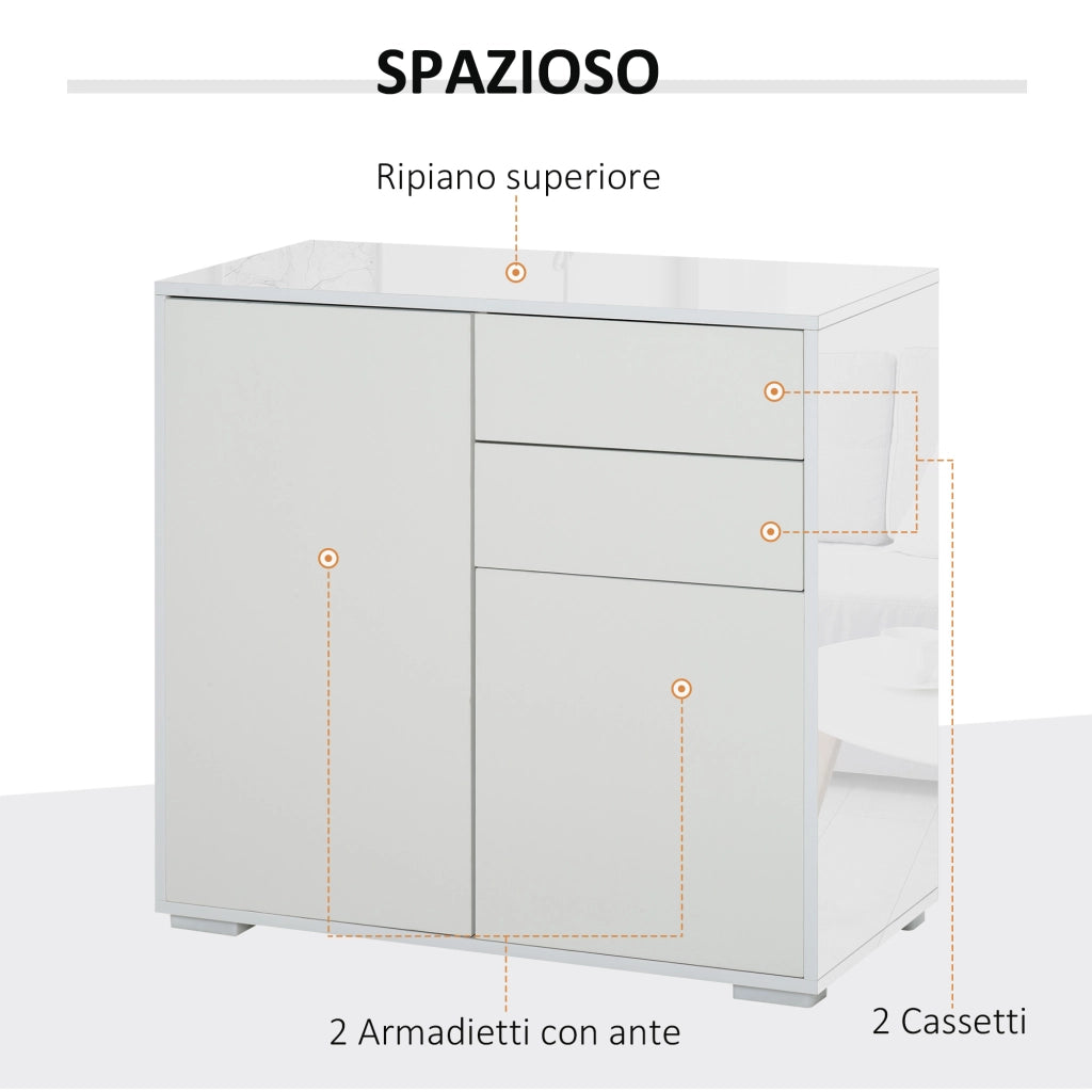 EasyComfort Mobiletto 2 Cassetti e 2 Ante, Apertura a Pressione, Mobile con 2 Cassetti e 2 Ante per Casa e Ufficio, 79x36x74cm, Bianco Opaco
