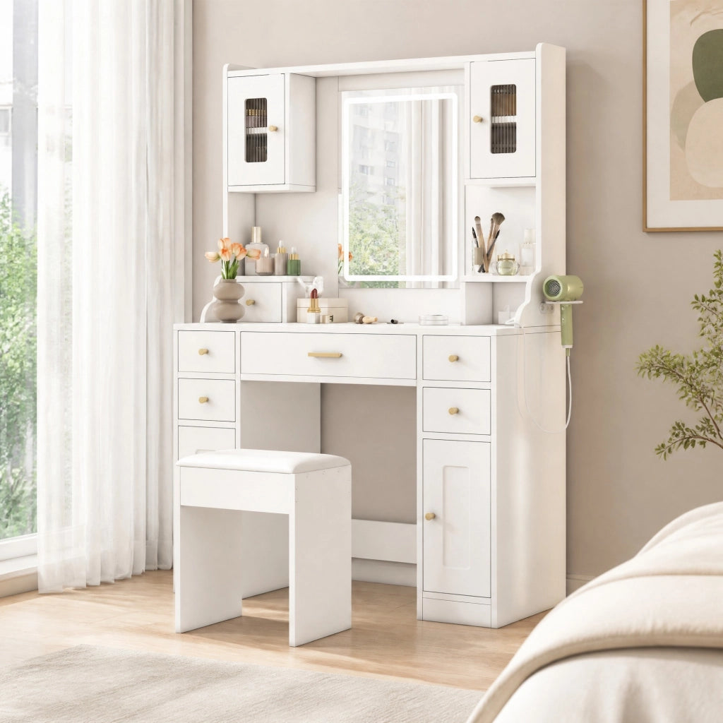 TOELETTA con specchio LED 105x152x40 cm bianco, 6 cassetti e 4 ante