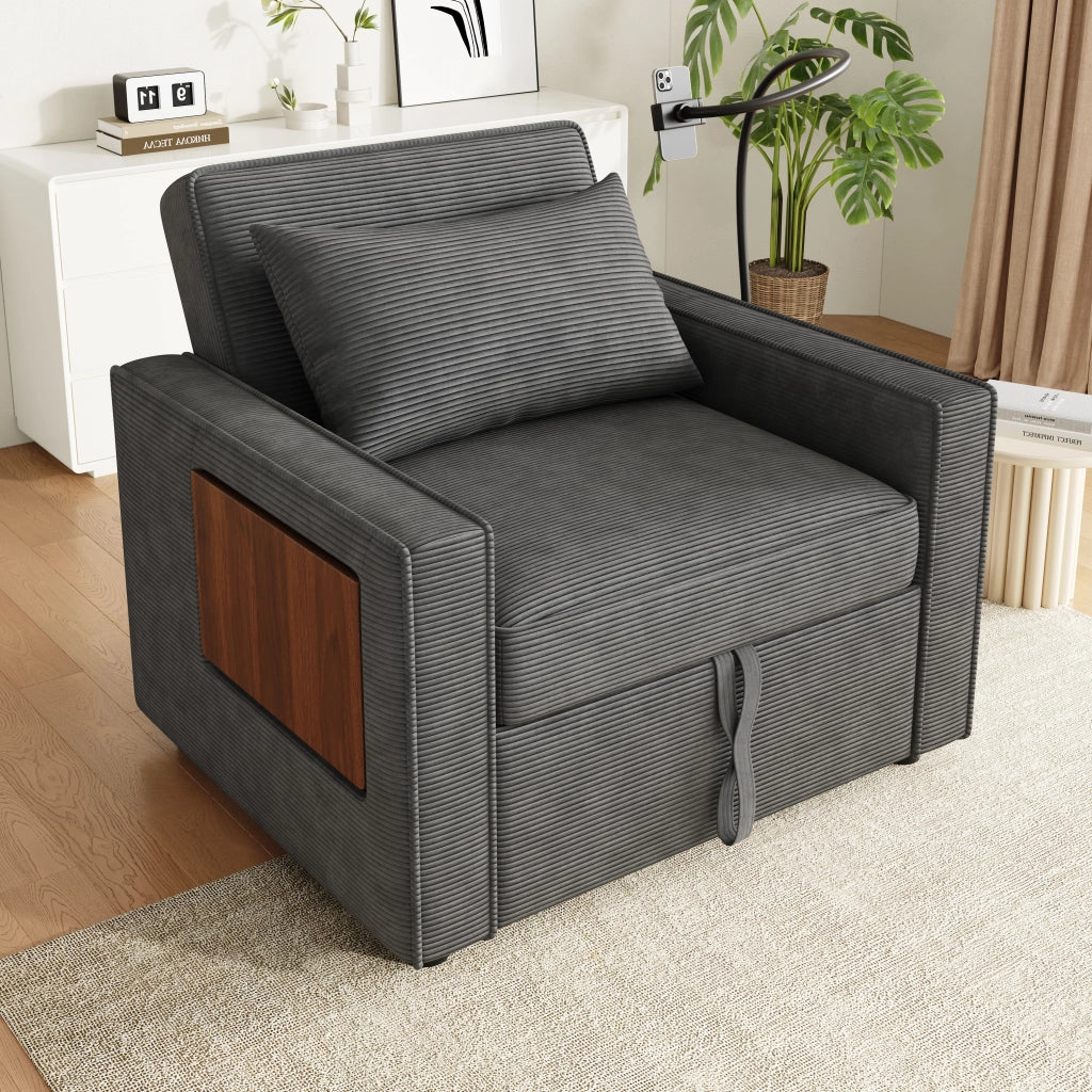 Poltrona Letto Pieghevole 1 Posto ¨C MINIMAL ¨C Tessuto Cord Grigio con Porta USB