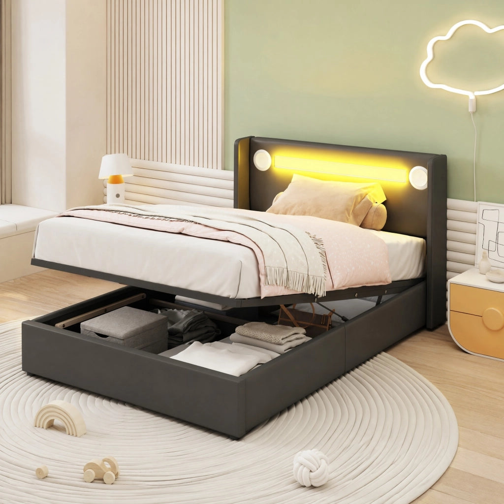 LETTO Bambini 90x200 cm in PU Nero con LED, Bluetooth e USB