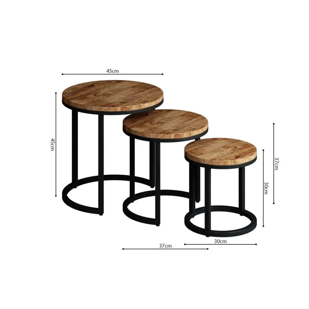 Tavolino basso PLATO – Set di 3 tavolini nidificati rotondi effetto legno di mangolia