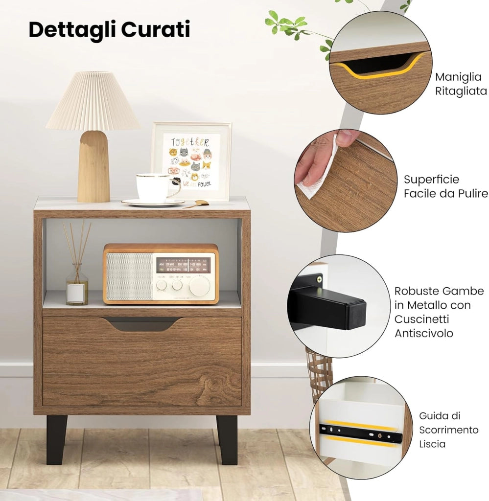 Set di 2 Comodini 37 x 33 x 44 cm, Tavolini da Letto con Cassetto, Scomparto Aperto e Gambe in Metallo, Mobile Laterale per Camera da Letto, Salotto e Soggiorno, Naturale e Bianco (2)