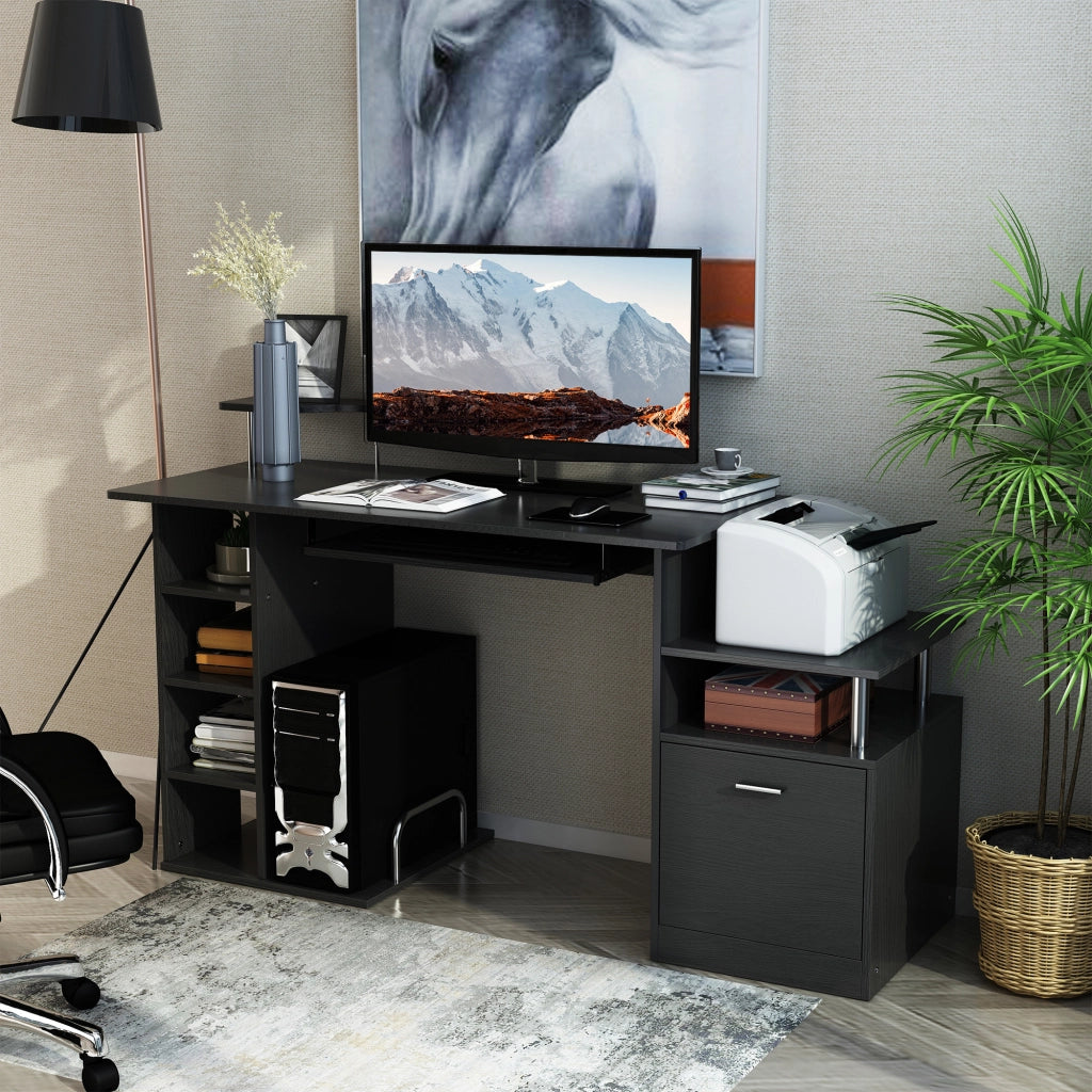 Scrivania da computer con 6 ripiani cassetto porta tastiera supporto monitor ¨C Xylo ¨C 152x60x88 cm nero