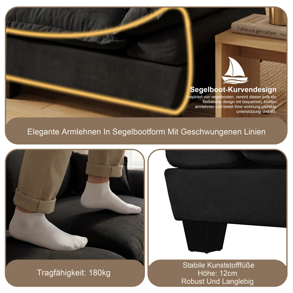 Divano modulare a U con ottomane mobili e cuscini, rivestimento in chenille nero 263 × 151 × 90 cm