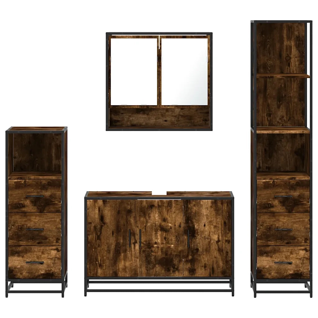 Set Mobili da Bagno | Armadio da bagno 4 pz Rovere Fumo in Legno Multistrato