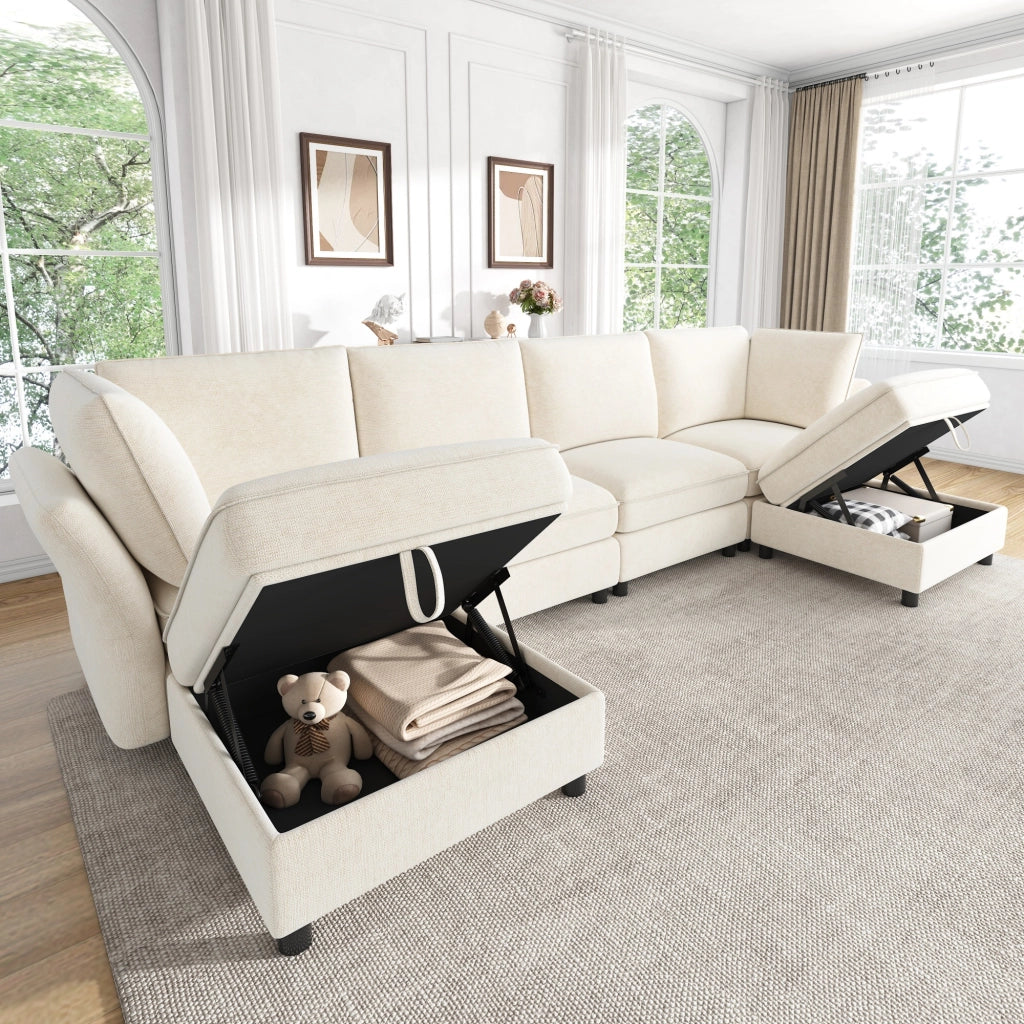 Divano Angolare Modulare 6 Posti con Contenitore e 2 Pouf, Chenille Beige, 289 × 137 × 84 cm