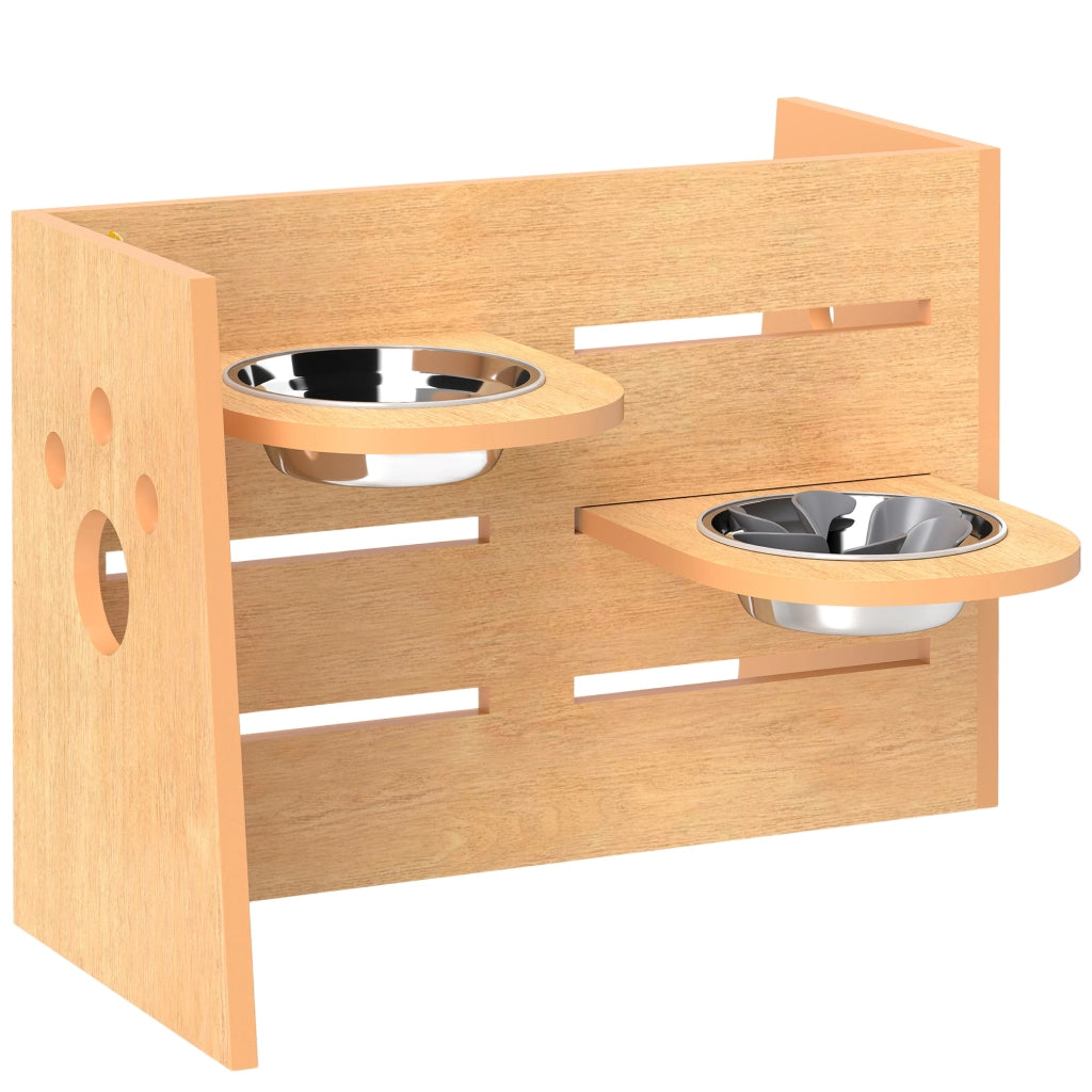 Supporto Ciotole per Cani Regolabile ¨C Xylo ¨C 3 Altezze 2 Ciotole Inox 63x58,5x40cm Rovere