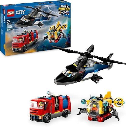 LEGO City 3in1 Elicottero, Autopompa e Sottomarino - Giocattolo Combinabile con Veicoli da Costruire e 3 Minifigure, Eta