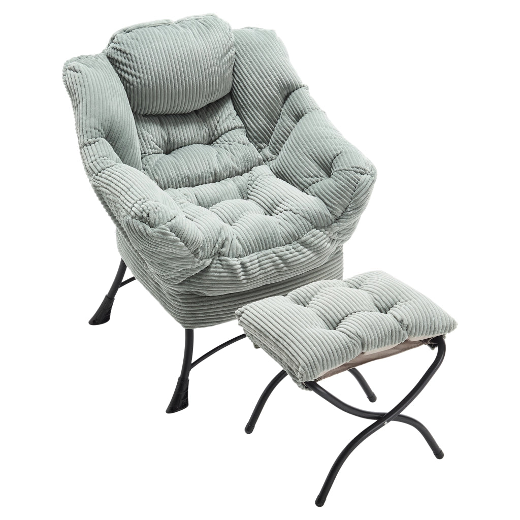 poltrona con pouf e tasca laterale; sedia ergonomica in acciaio; verde chiaro