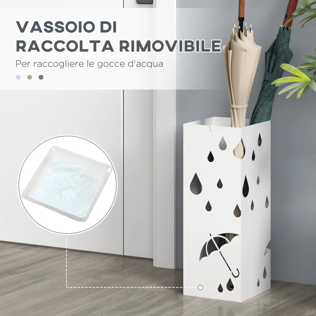 Portaombrelli in Metallo ¨C Xylo ¨C Bianco con 4 Ganci e Vaschetta Raccogligocce 15.5x15.5x41cm