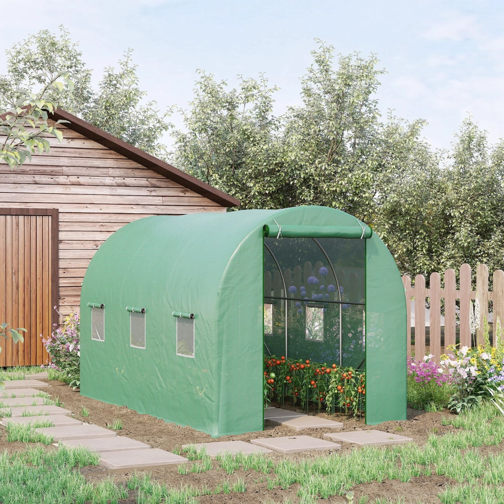 EasyComfort Serra per Orto a Tunnel 3.5x2x2m in PE e Metallo con 6 finestre e Porta Avvolgibile, Verde