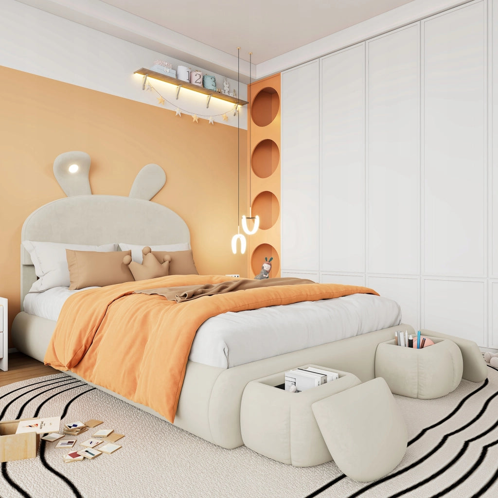 Letto matrimoniale 140x200 - Xylo - Orecchie coniglio LED velluto beige